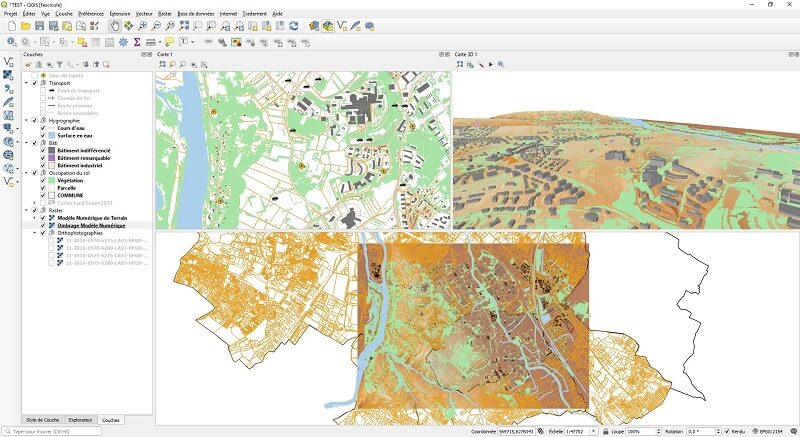screenshot of the QGIS software interface with three map views