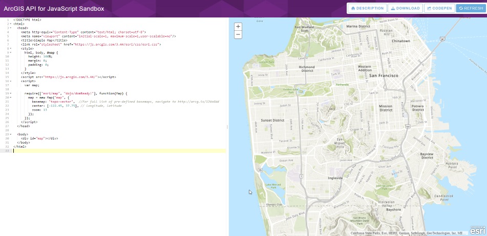 Picture of the ArcGIS API for JavaScript sandbox
