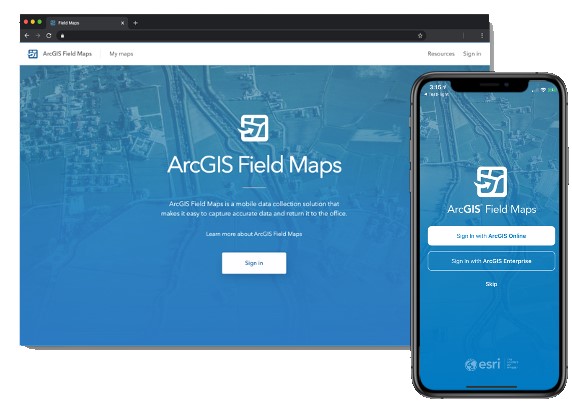 ArcGIS Field Maps home screen on a computer and smartphone