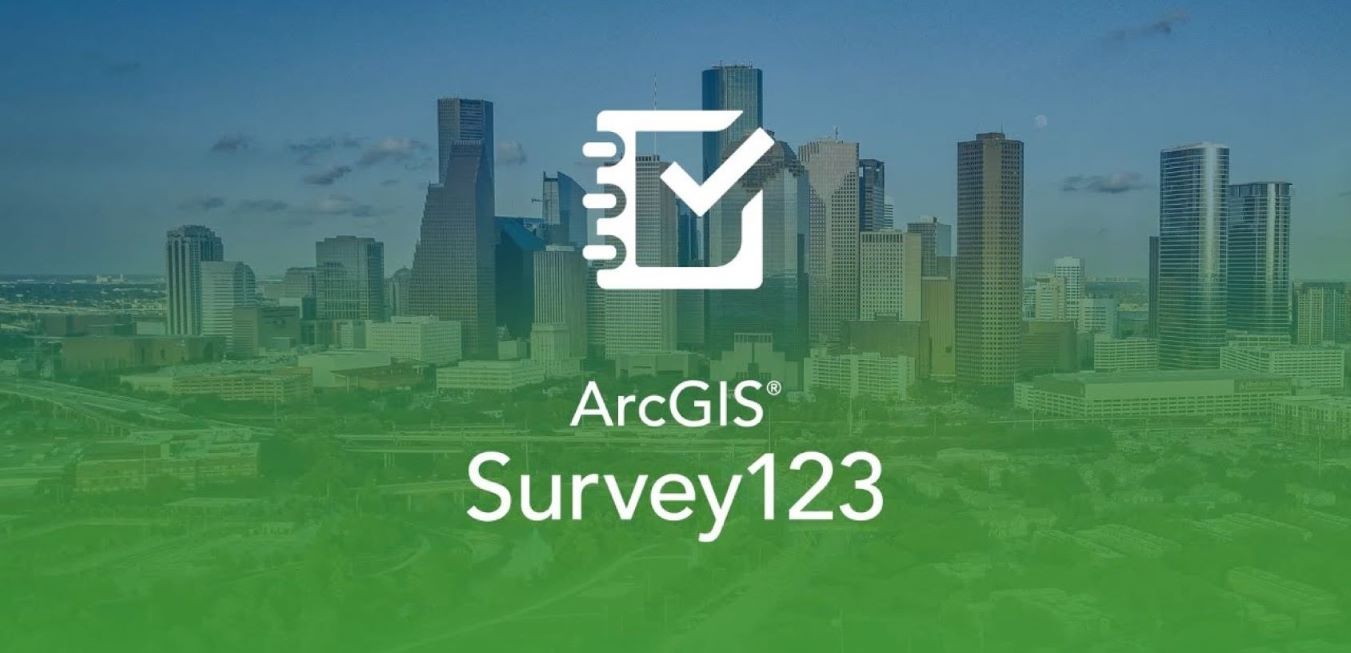 Image of the ArcGIS Survey123 application logo with a downtown cityscape and buildings in the background