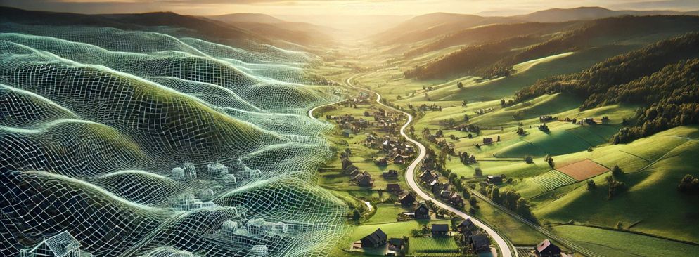 Rural landscape with winding road, green fields, and village, overlaid with a 3D model of the topography