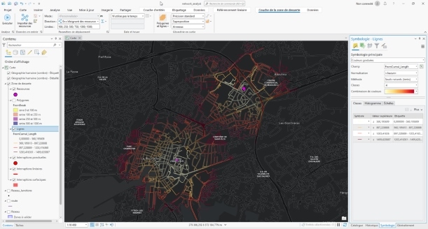 Screenshot of the results of an analysis carried out with Network Analyst under ArcGIS Pro