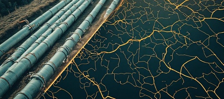 L'image montre une photo de pipeline juxtaposée à une cartographie d'un réseau de pipeline