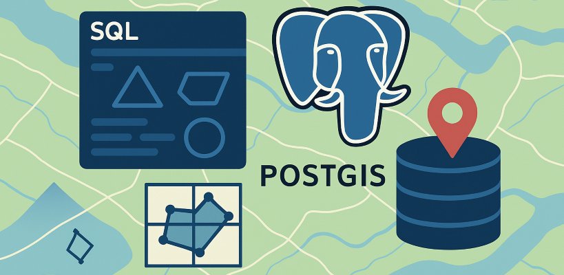 Illustration representing PostgreSQL and PostGIS with GIS map elements, spatial database icons, and SQL graphics over a map background